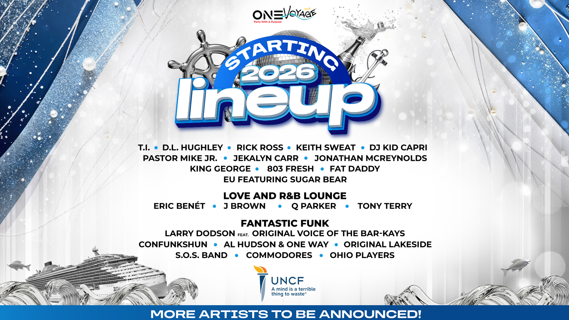 Starting lineup 2026 lineup event poster featuring musical artists T.I., D.L. Hughley, Rick Ross, Keith Sweat, DJ Kid Capri, and more, with UNCF logo.
