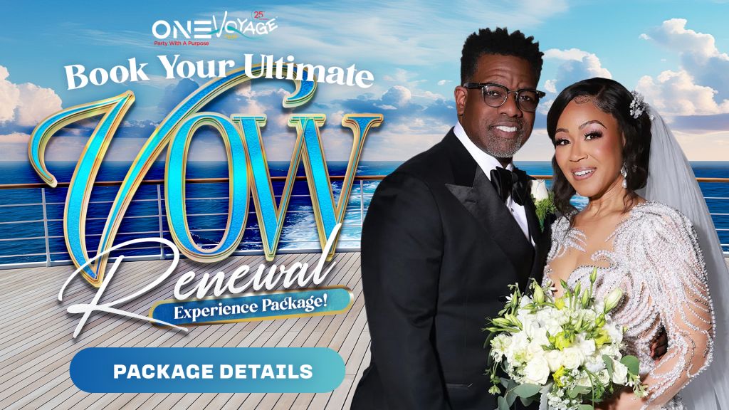 A smiling bride and groom standing on a cruise ship deck, with the text "Book Your Ultimate Cruise Renewal Experience Package!" displayed above them.