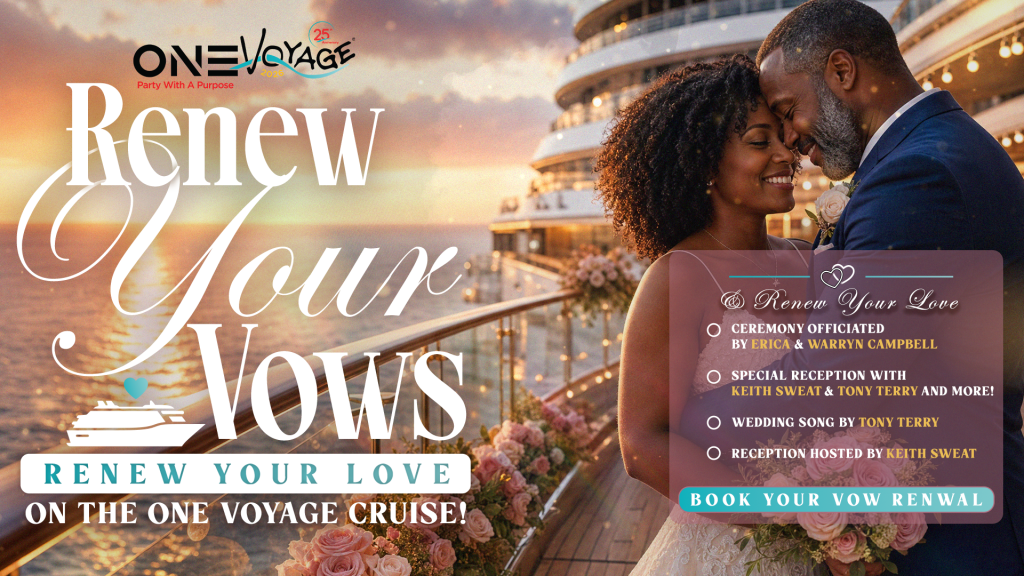 A couple embracing on a cruise ship at sunset, with text promoting a "Renew Your Vows" event on the One Voyage cruise.