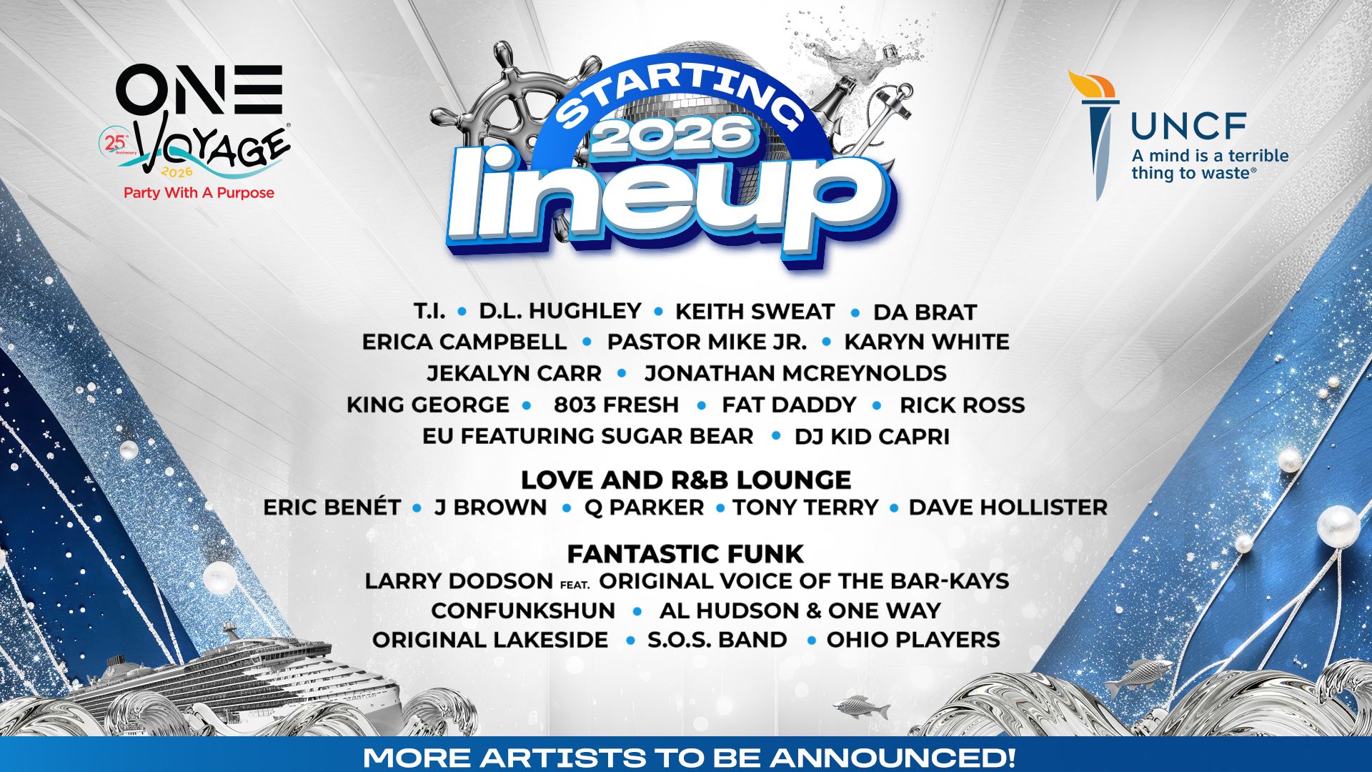 Poster for "Starting Lineup 2026" event featuring musical artists including T.I., D.L. Hughley, Keith Sweat, and more. Logos for One Voyage and UNCF.