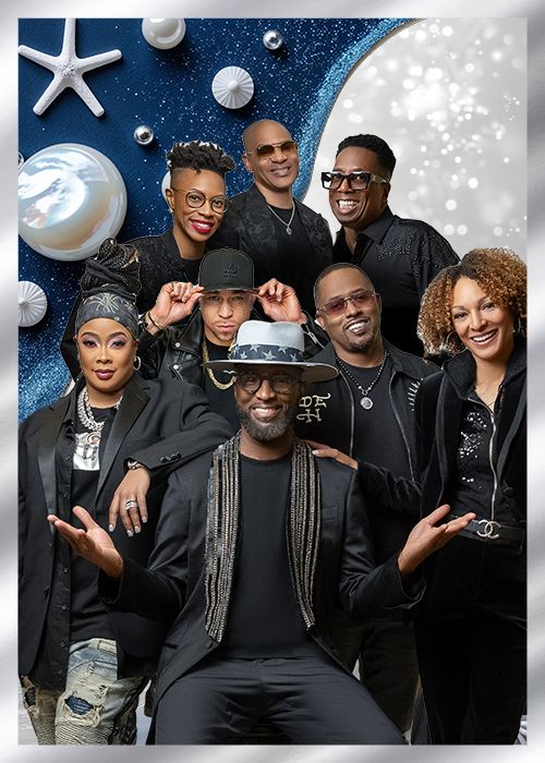 A group portrait of a diverse ensemble of musicians and performers wearing stylish black outfits and accessories against a starry, celestial backdrop.